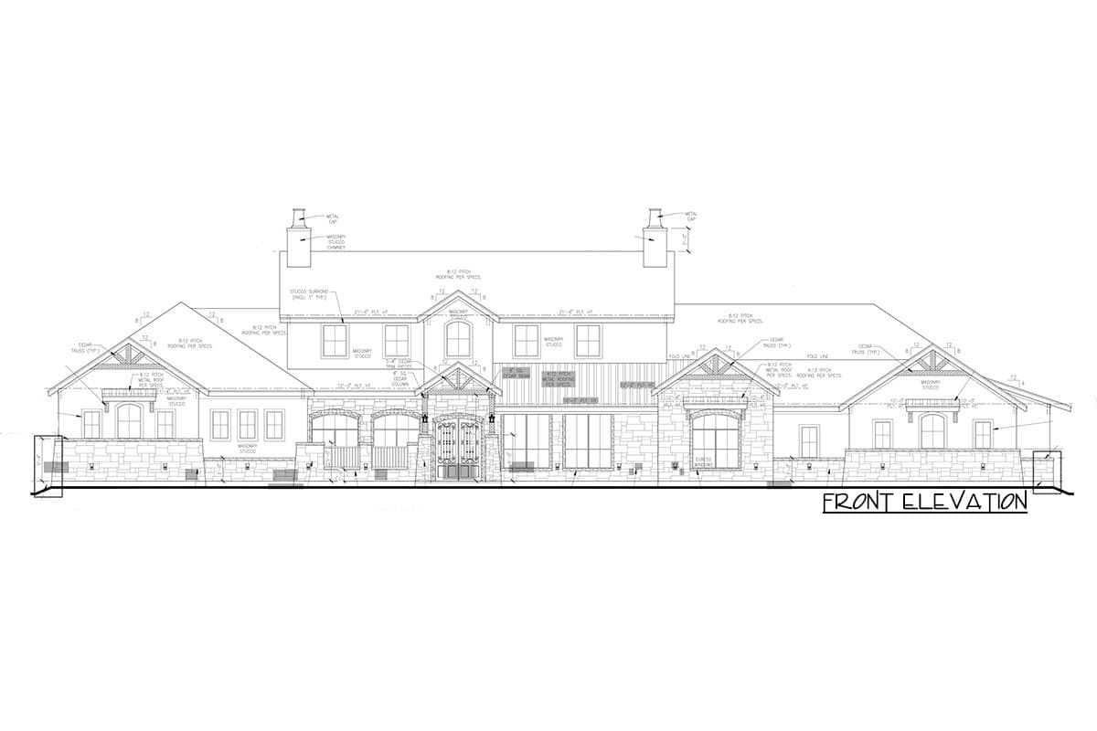 Front elevation house plan showing stone and stucco facade, multiple gables, dormers, and a prominent entrance.
