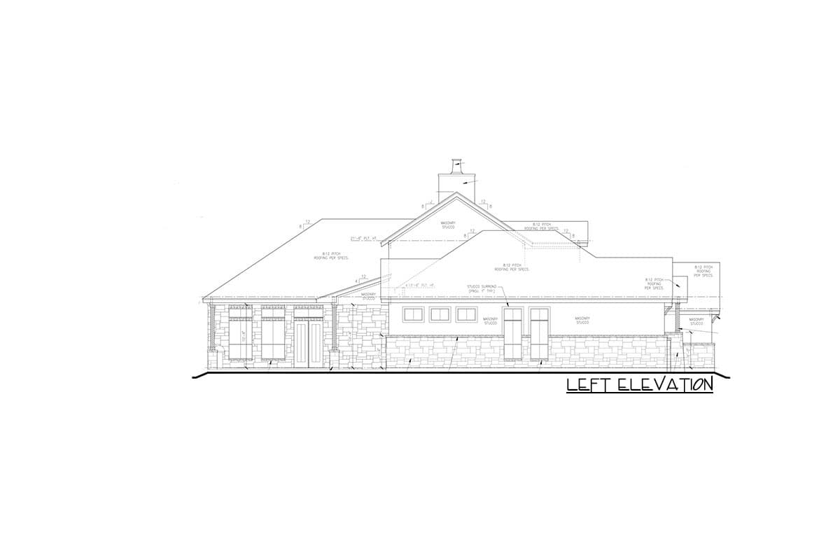 Left elevation architectural drawing shows a single-story house with stone and stucco facade, multiple gables, and a prominent chimney.