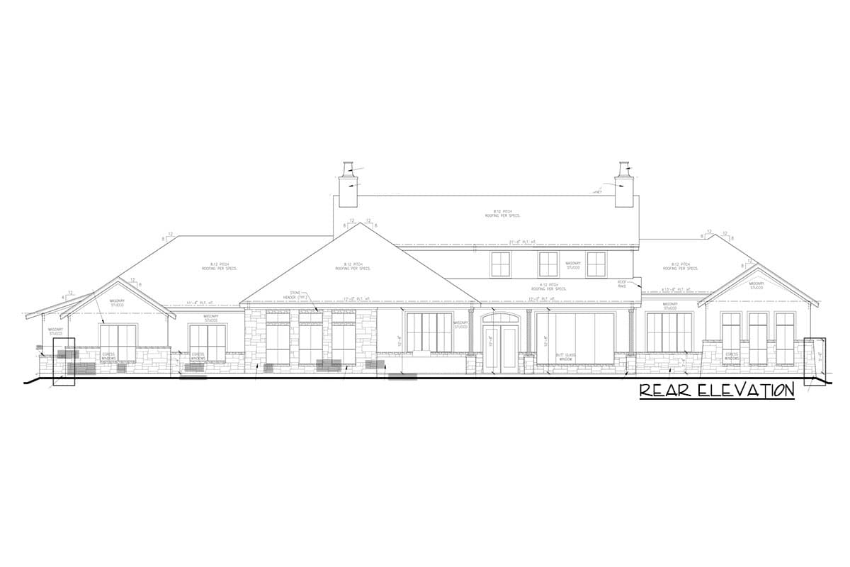 Rear elevation drawing of a house plan featuring masonry stucco, stone accents, a pitched roof, and multiple windows.