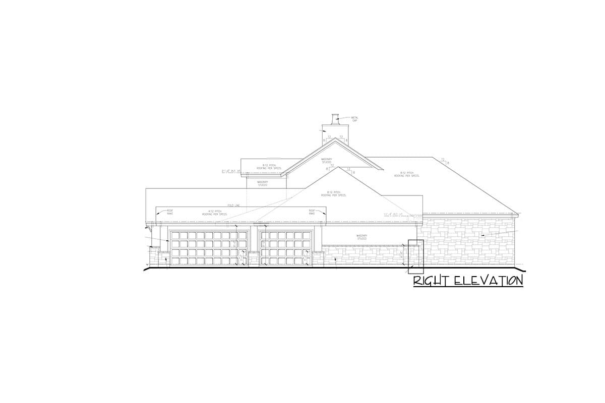 Right elevation house plan showing two garage doors, stone base, stucco walls, and sloped roof with metal cap.