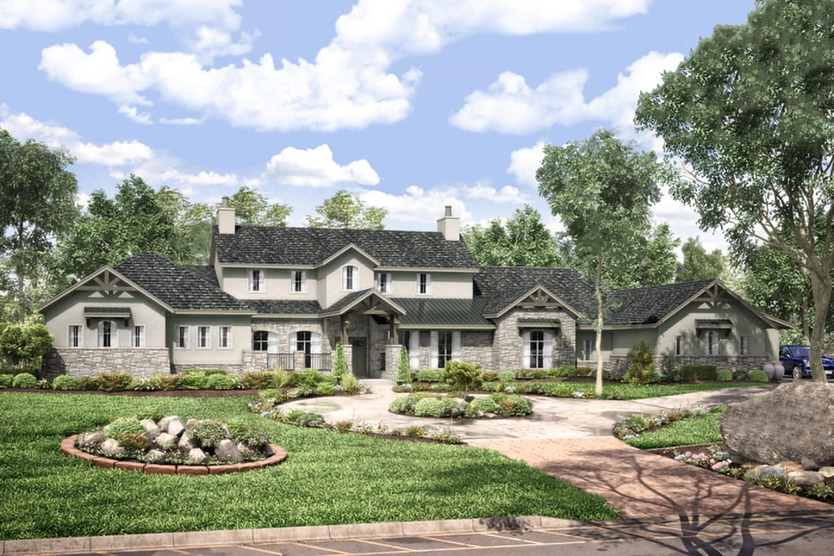 House plan exterior with stone and stucco facade, featuring multiple gabled rooflines, and a covered porch. Two-story structure.