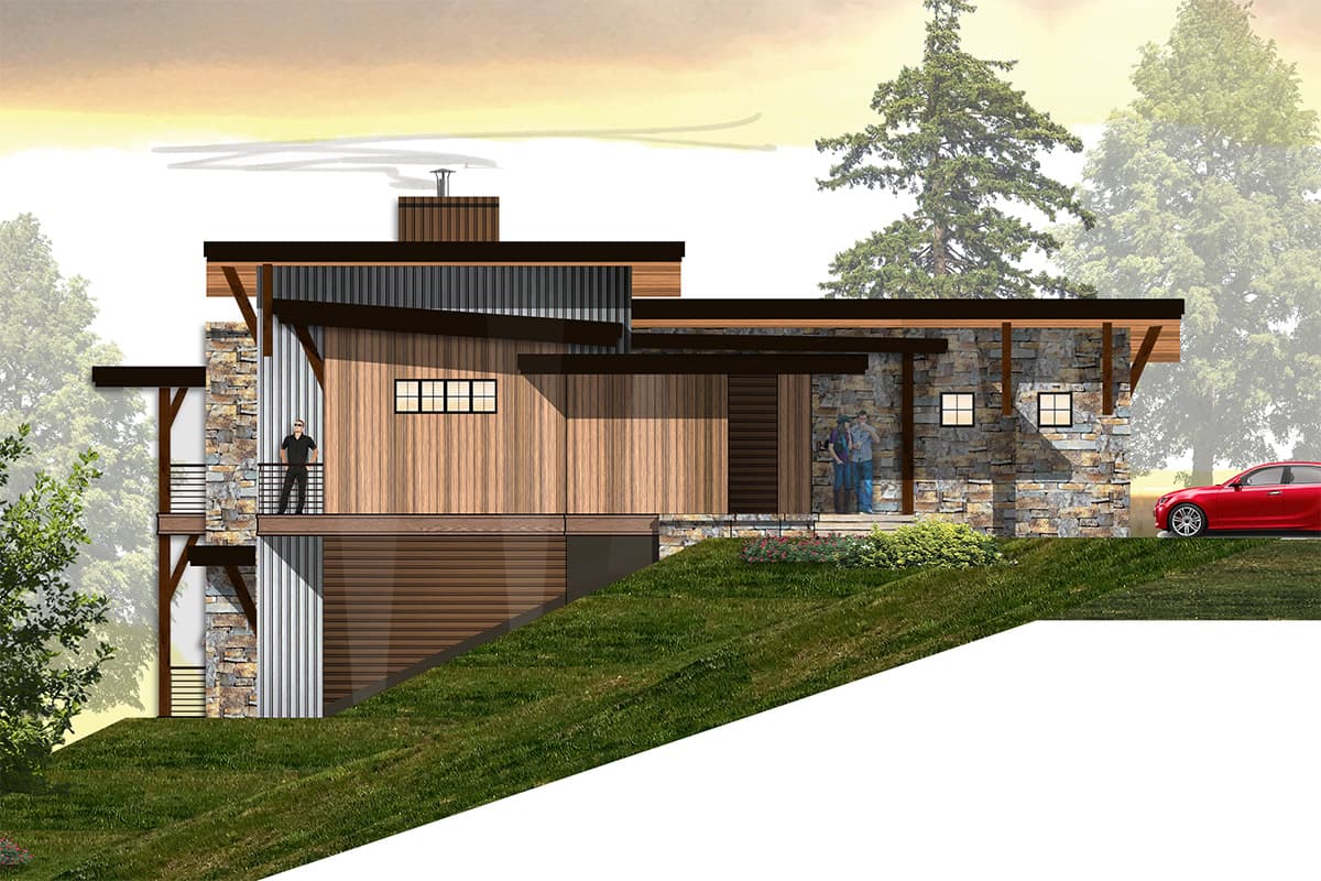 Modern house plan exterior with stone and wood facade, sloped rooflines, balconies, and attached garage.