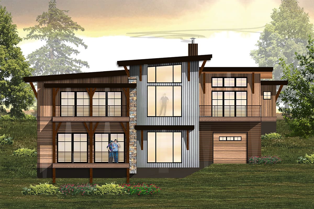 Modern house plan exterior with wood siding, metal panels, balconies, and a two-car garage.