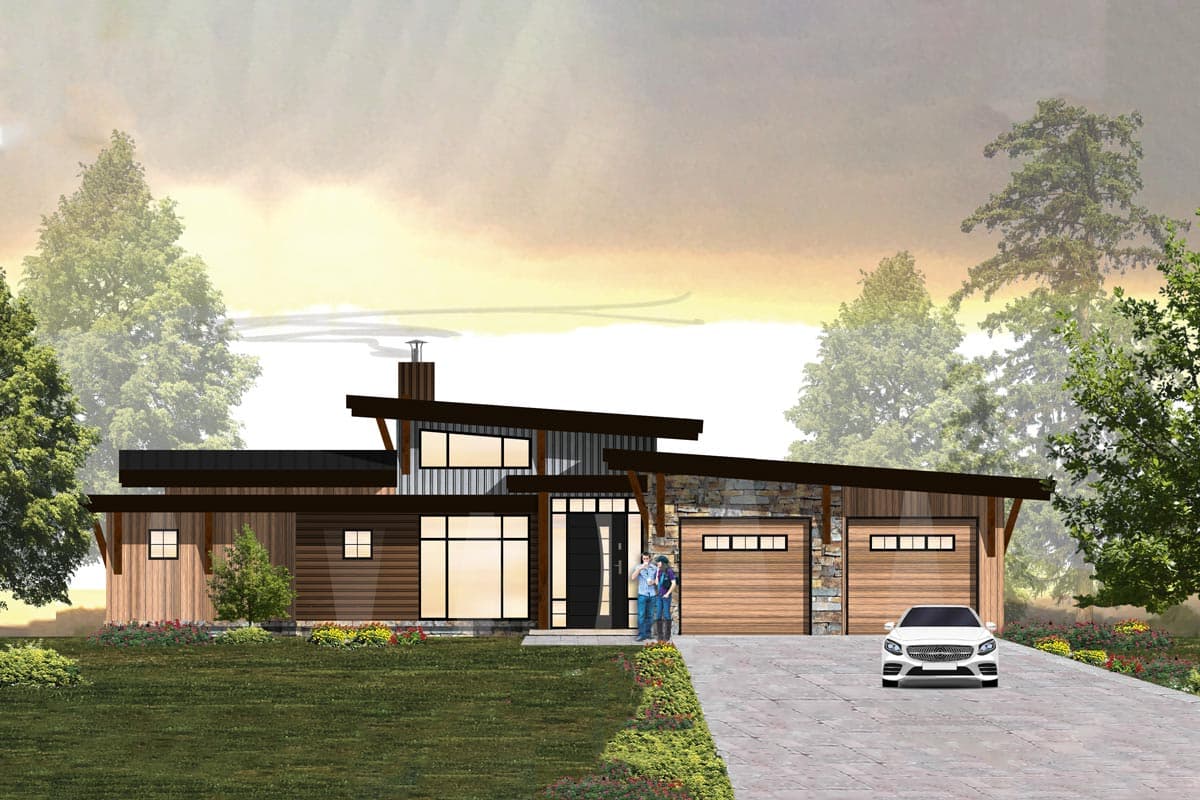 Modern house plan exterior with single story, flat and angled rooflines, exposed beams, and a two-car garage.