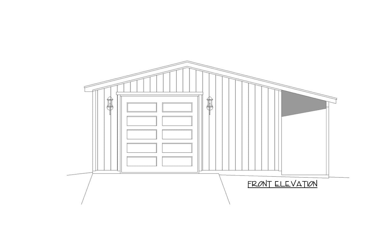 Front elevation drawing of a single-story structure with vertical siding, a multi-panel garage door, and an attached open-sided shed roof structure.