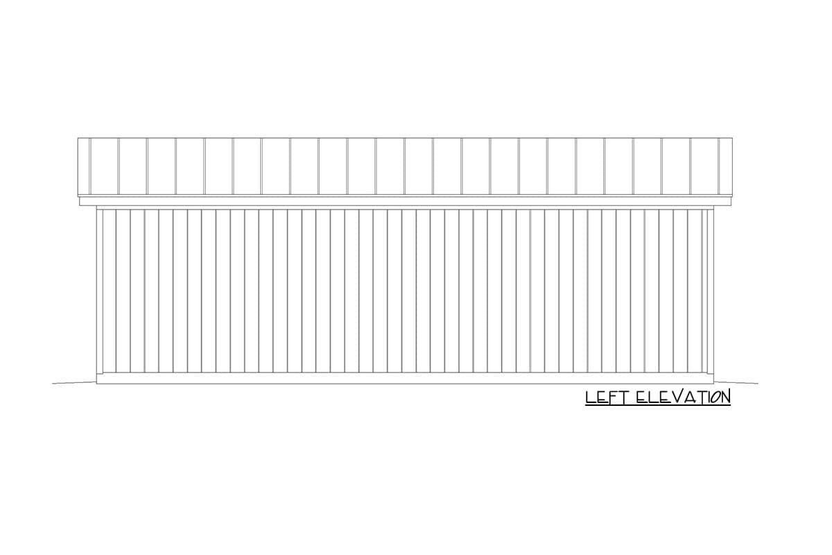 Left elevation drawing of a house plan showing vertical siding and a flat roof with overhang.