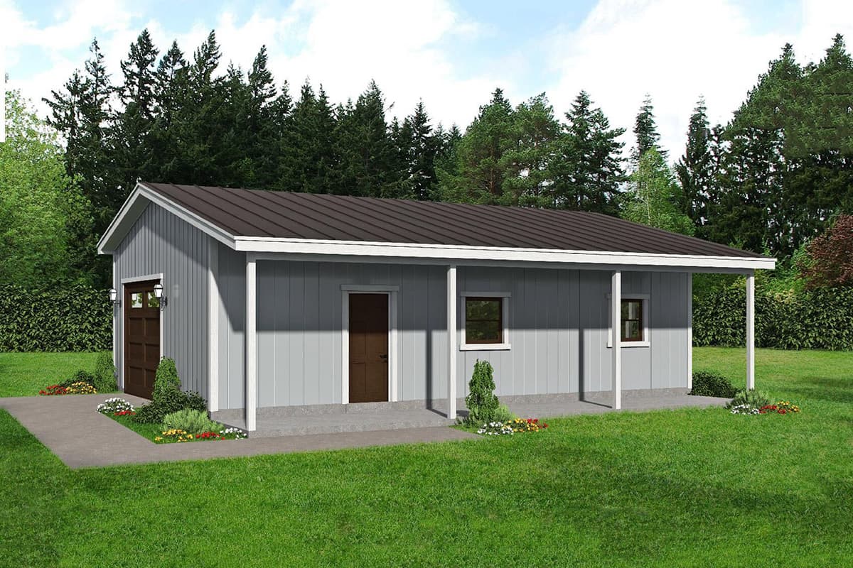 House plan exterior. Single-story structure with a shed roof, a covered porch with white columns, and a garage door.