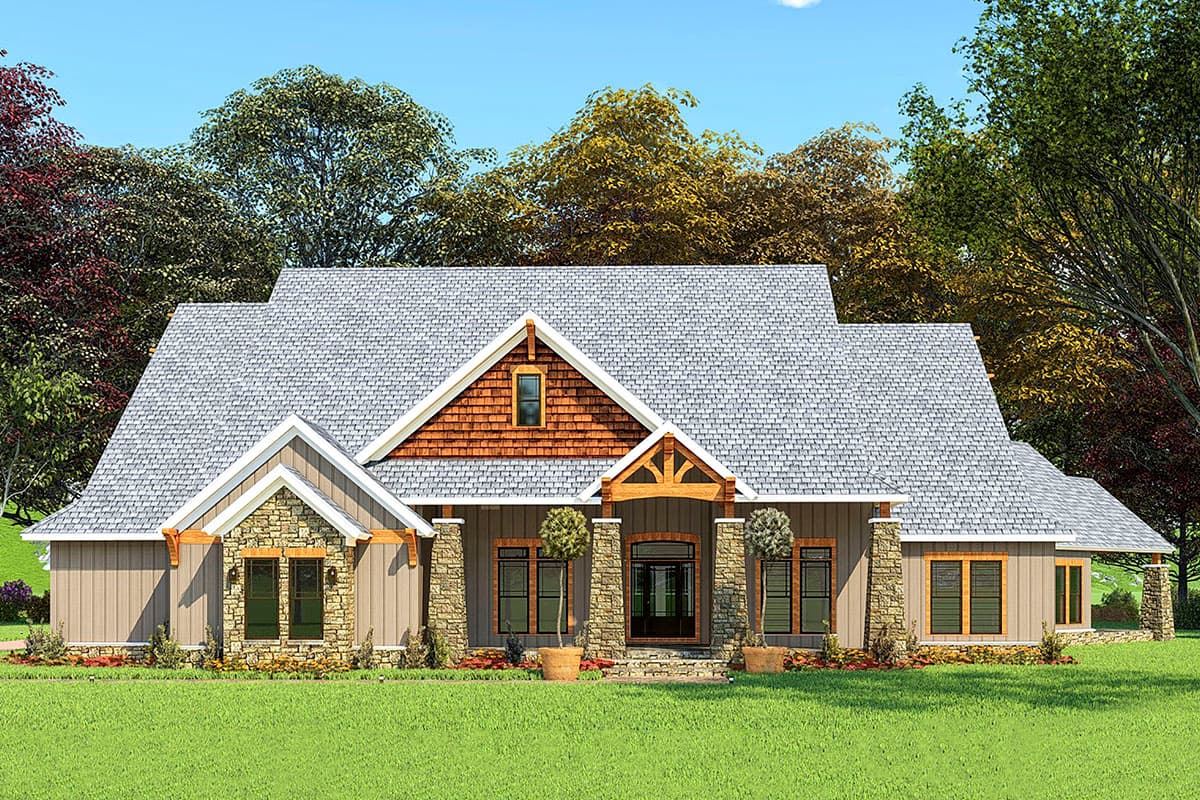 House plan exterior: Single-story home with stone accents, wood trim gables, and a covered front entry with stone columns.
