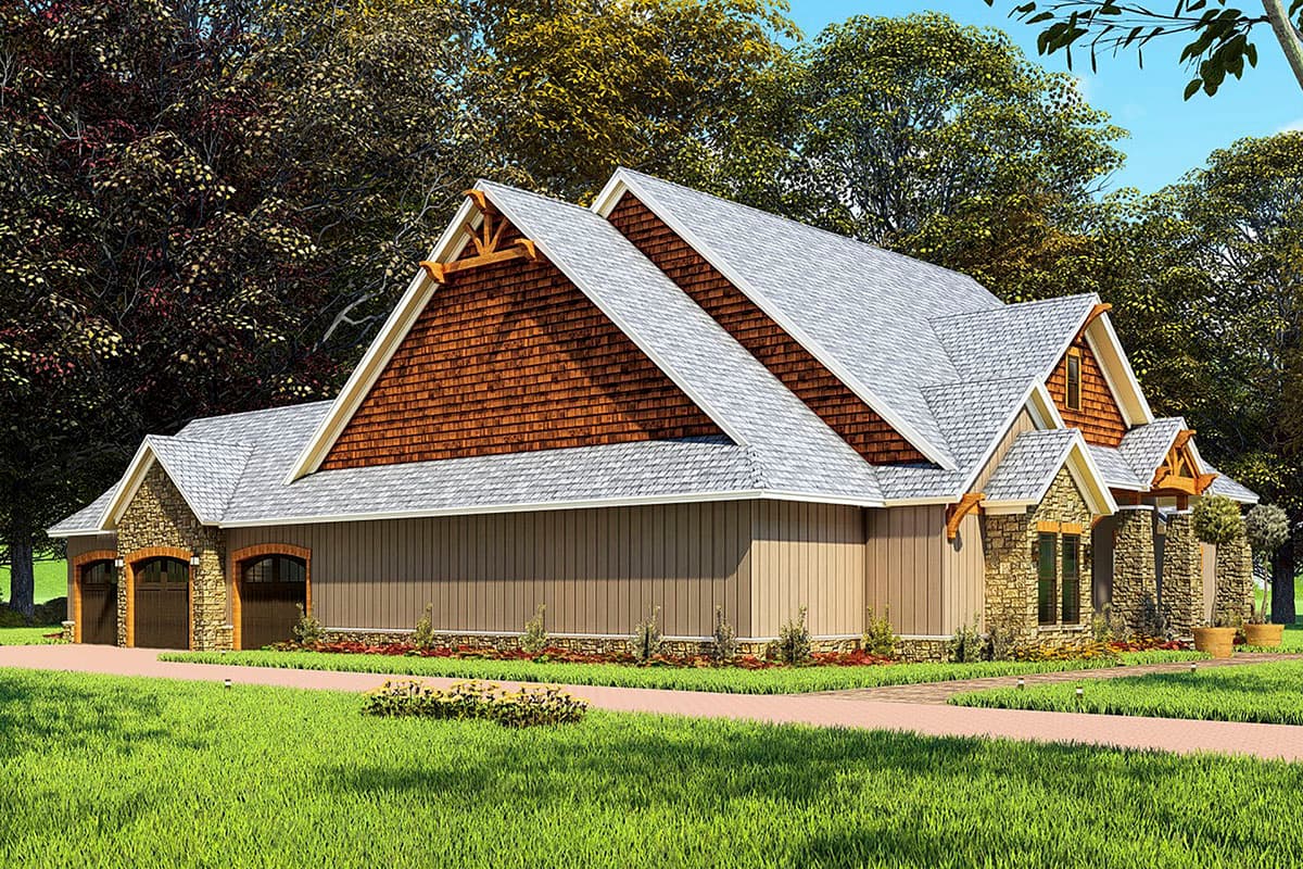 House plan exterior with stone accents, wood shakes, board-and-batten siding, gabled dormers, and a three-car garage.