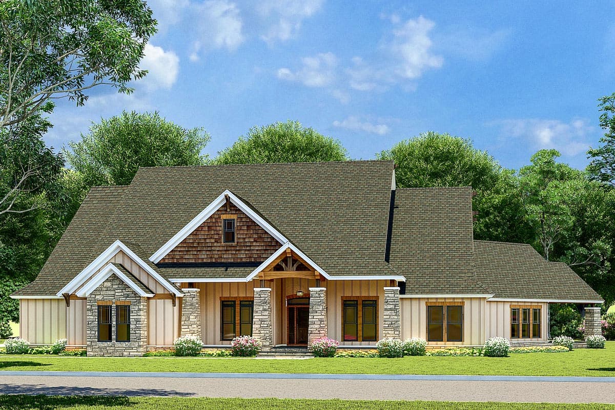 House plan exterior featuring a Craftsman style with a single story, a covered porch, gabled rooflines, and stone accents.