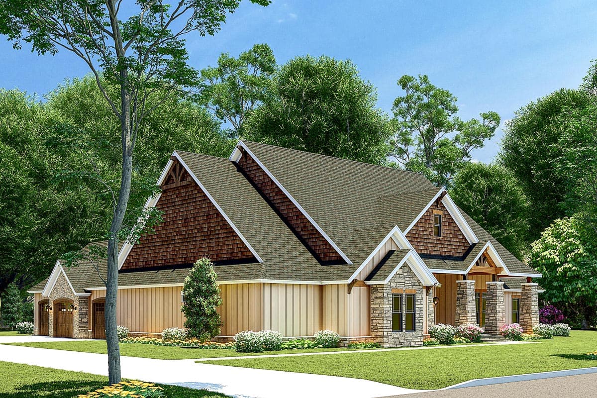 House plan exterior: Modern Farmhouse style, two-story, with prominent gables, stone accents, and a three-car garage.
