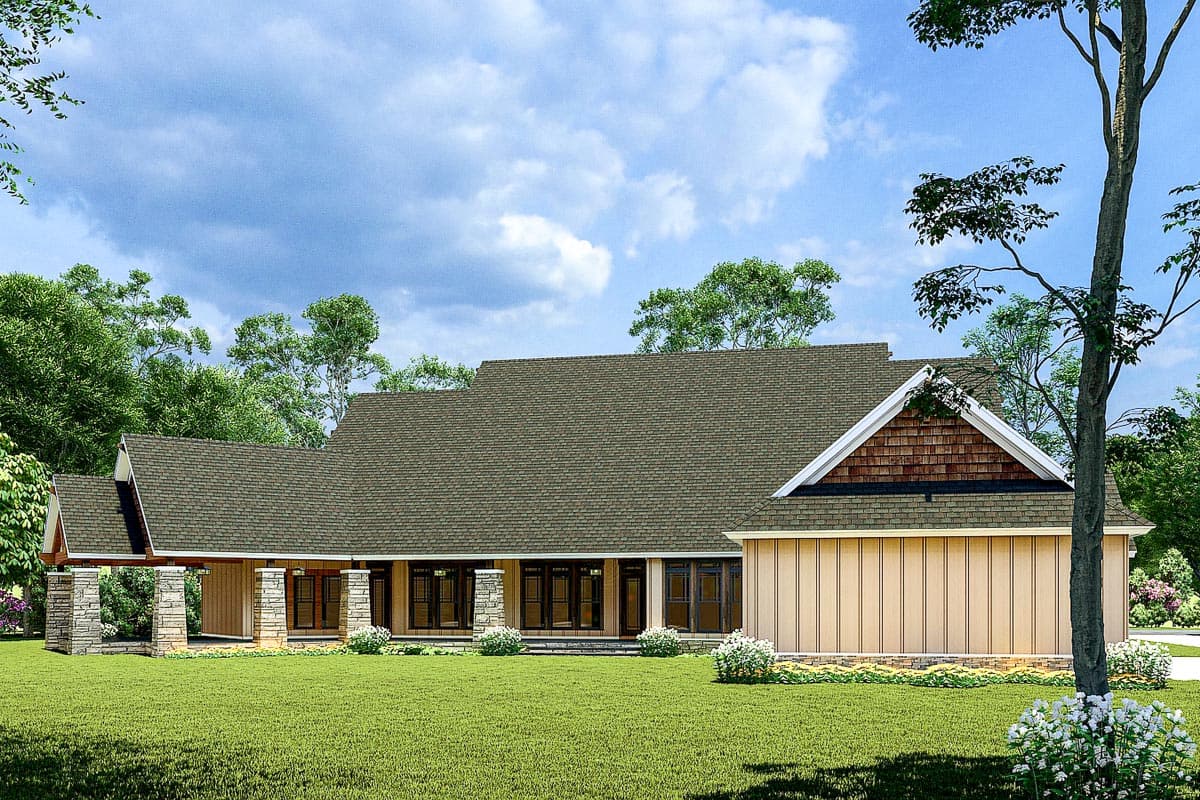 House plan exterior: Single-story Modern Farmhouse with covered porch supported by stone pillars, multiple gables, and vertical siding.
