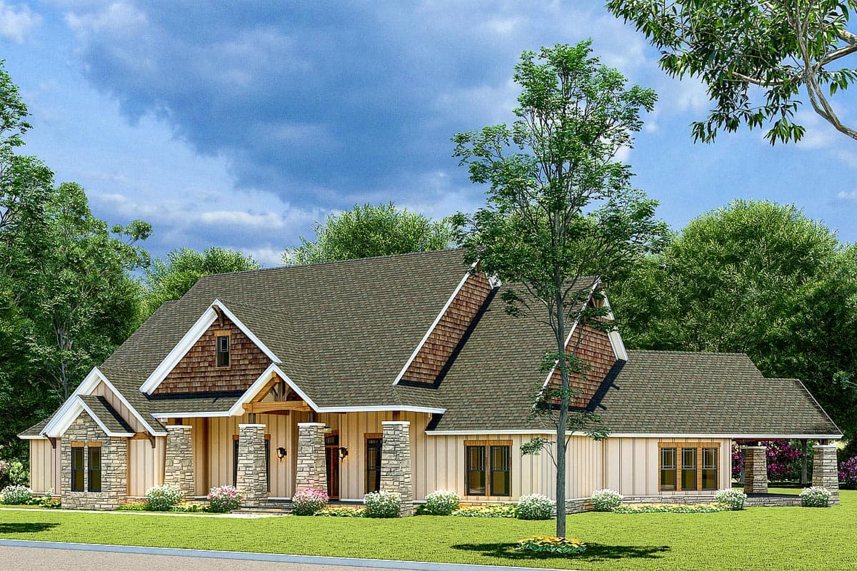 House plan exterior: Ranch style with stone accents, prominent gables, wood shingle siding, and a covered front porch supported by stone columns.
