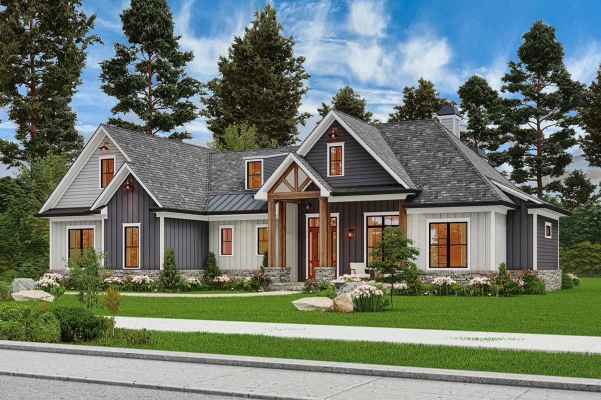 House plan exterior. Two-story Modern Farmhouse with gabled roof, covered porch with exposed beams, and multiple dormers.