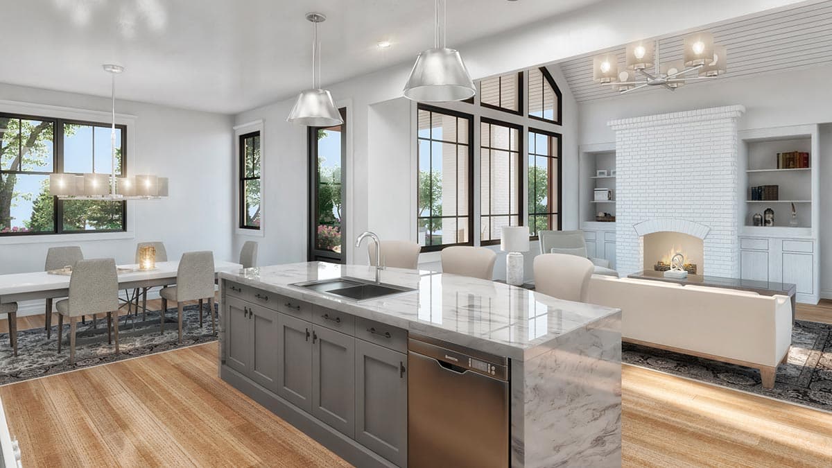 Interior rendering of an open-concept kitchen and great room with island, fireplace, vaulted ceiling, and large windows.