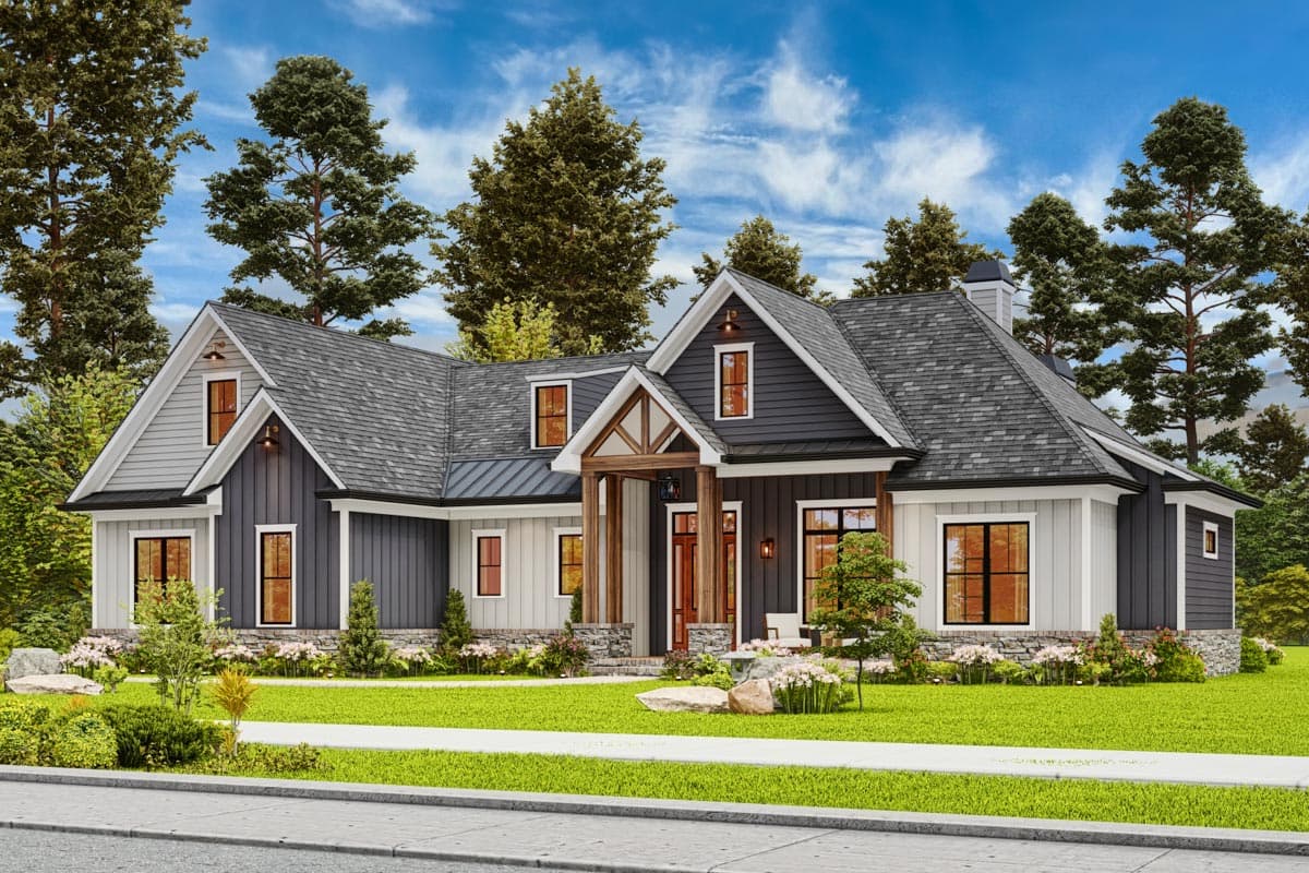 House plan exterior: Modern Farmhouse style, 1.5 stories, prominent gable with timber details, board and batten siding, and a covered entryway.