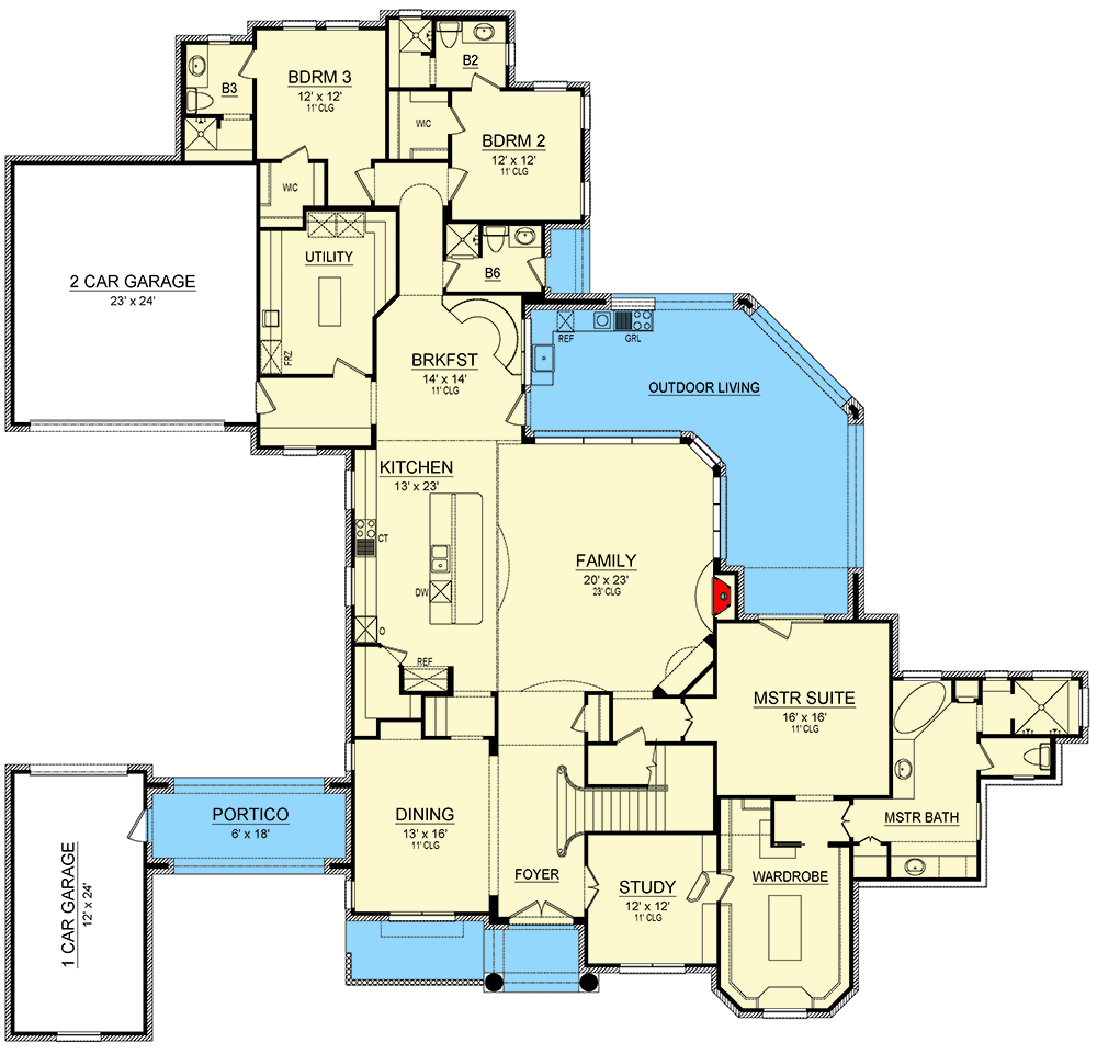 Plan 36615TX: Spacious European House Plan with Two-Story Family Room - Floor Plan - Main Level - European, Traditional