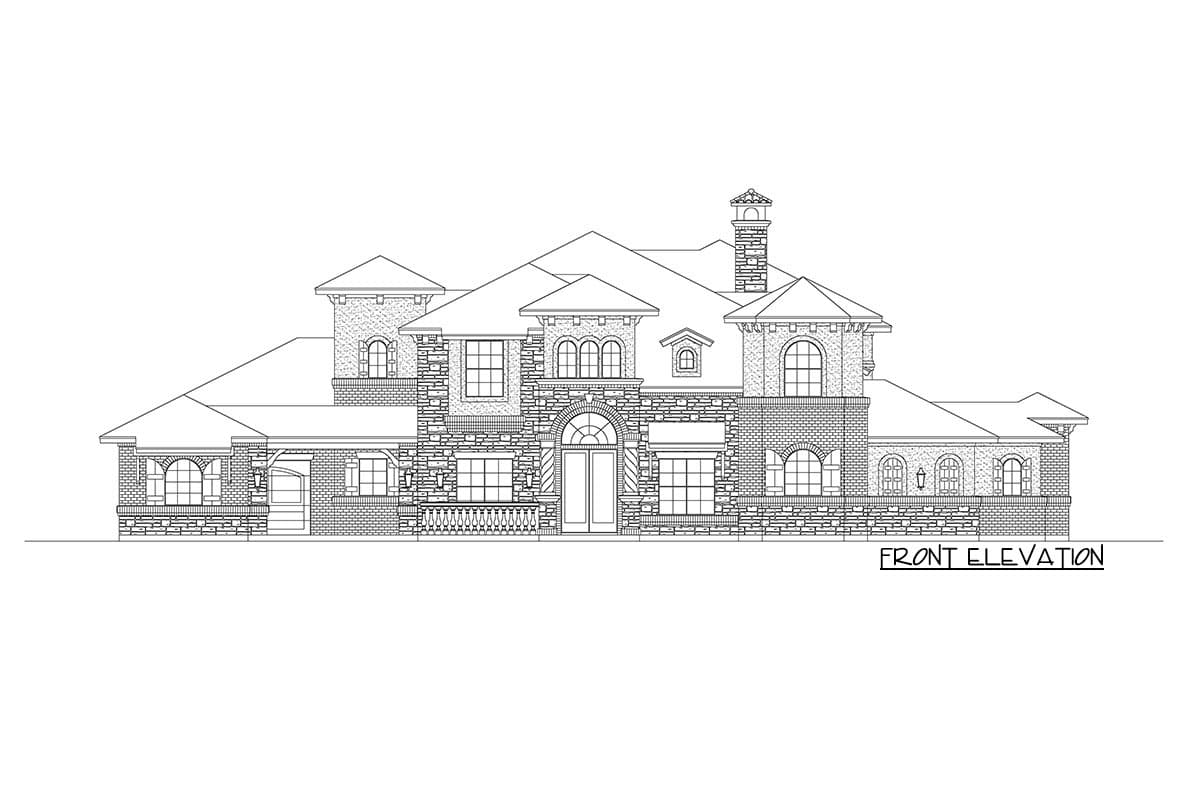 Front elevation house plan showing multiple gables, arched windows, brick and stone facade, and prominent chimneys.