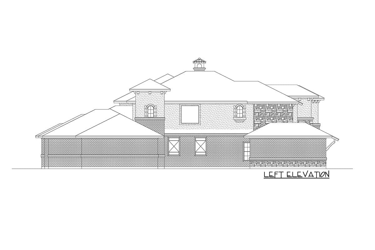 Left elevation house plan showing brick exterior, stone accents, arched windows, and varied rooflines.