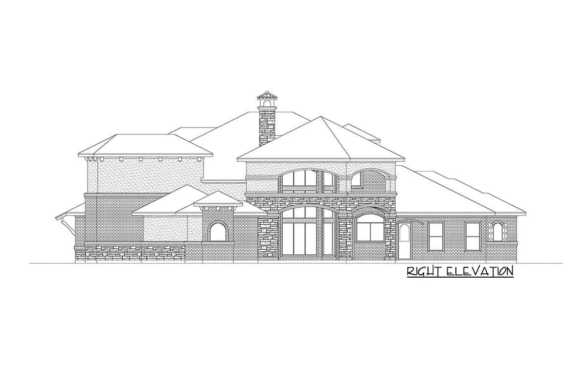Right elevation of a two-story house plan featuring arched windows, stone accents, and multiple rooflines.