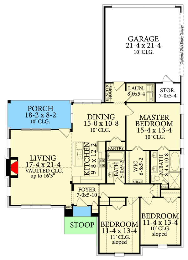 Plan 62158V: One-Story French Country Cottage with Vaulted Ceiling - 1769 Sq Ft - Floor Plan - Main Level - Acadian, Cottage, French Country, Louisiana-Style, Southern
