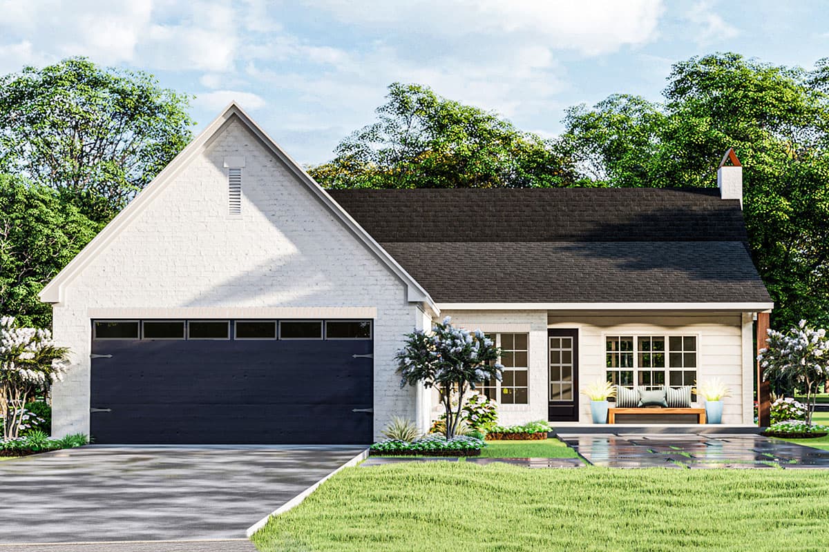 House plan exterior: Modern Farmhouse style, one story, white brick, large garage door, front porch with windows, gable.