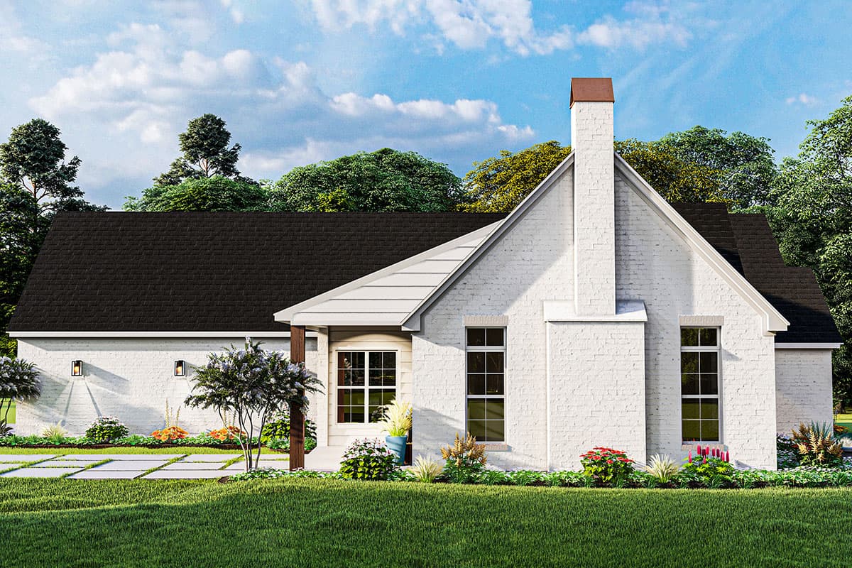 House plan exterior: Modern Farmhouse style, white brick, prominent gable with large chimney, dark roof, and covered entry.