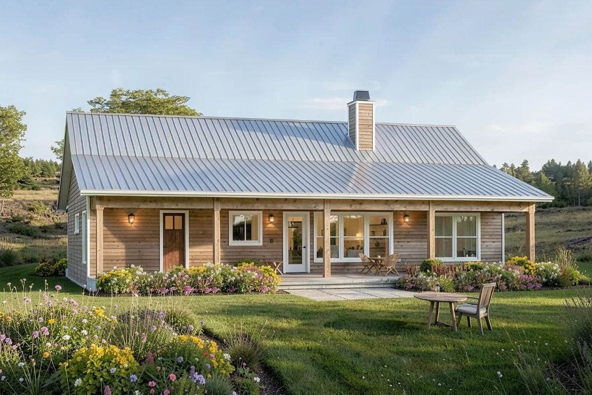 Modern Farmhouse house plan exterior, one story, with wood siding, metal roof, covered porch, and large windows.