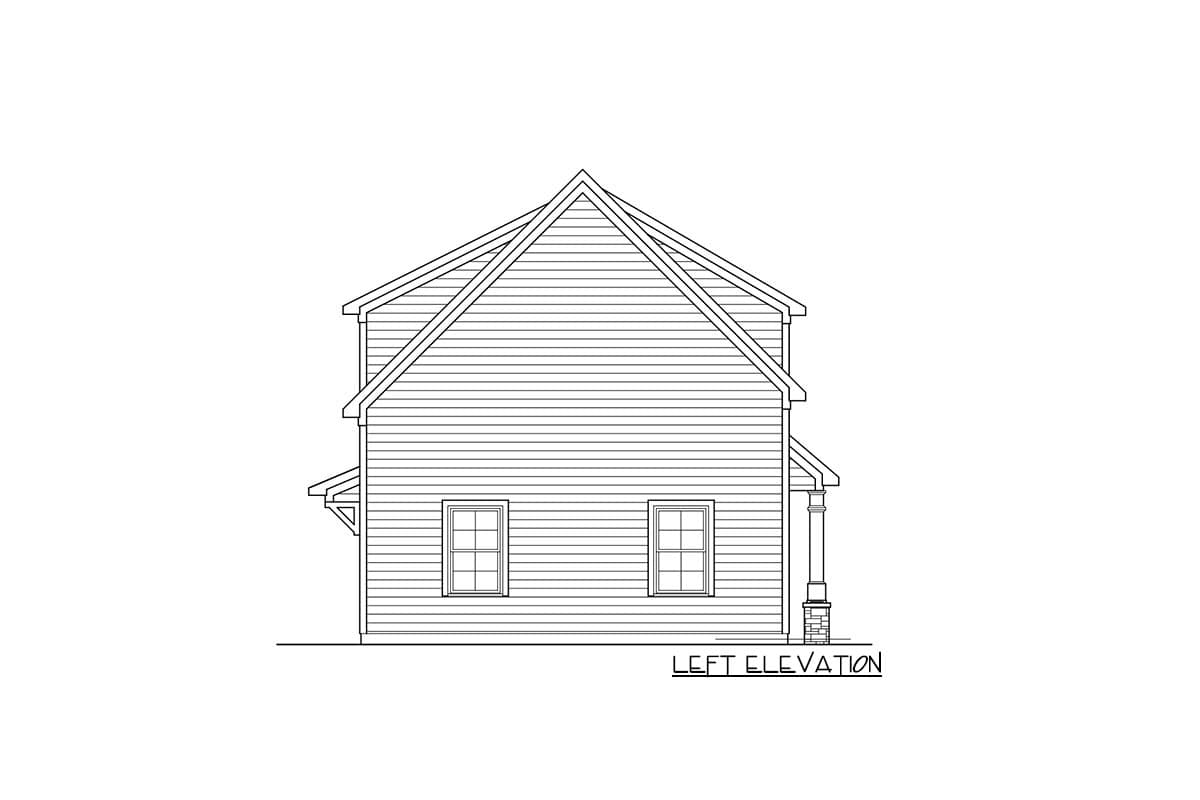 Left elevation drawing of a two-story house plan with horizontal siding, gabled roof, and prominent chimney.