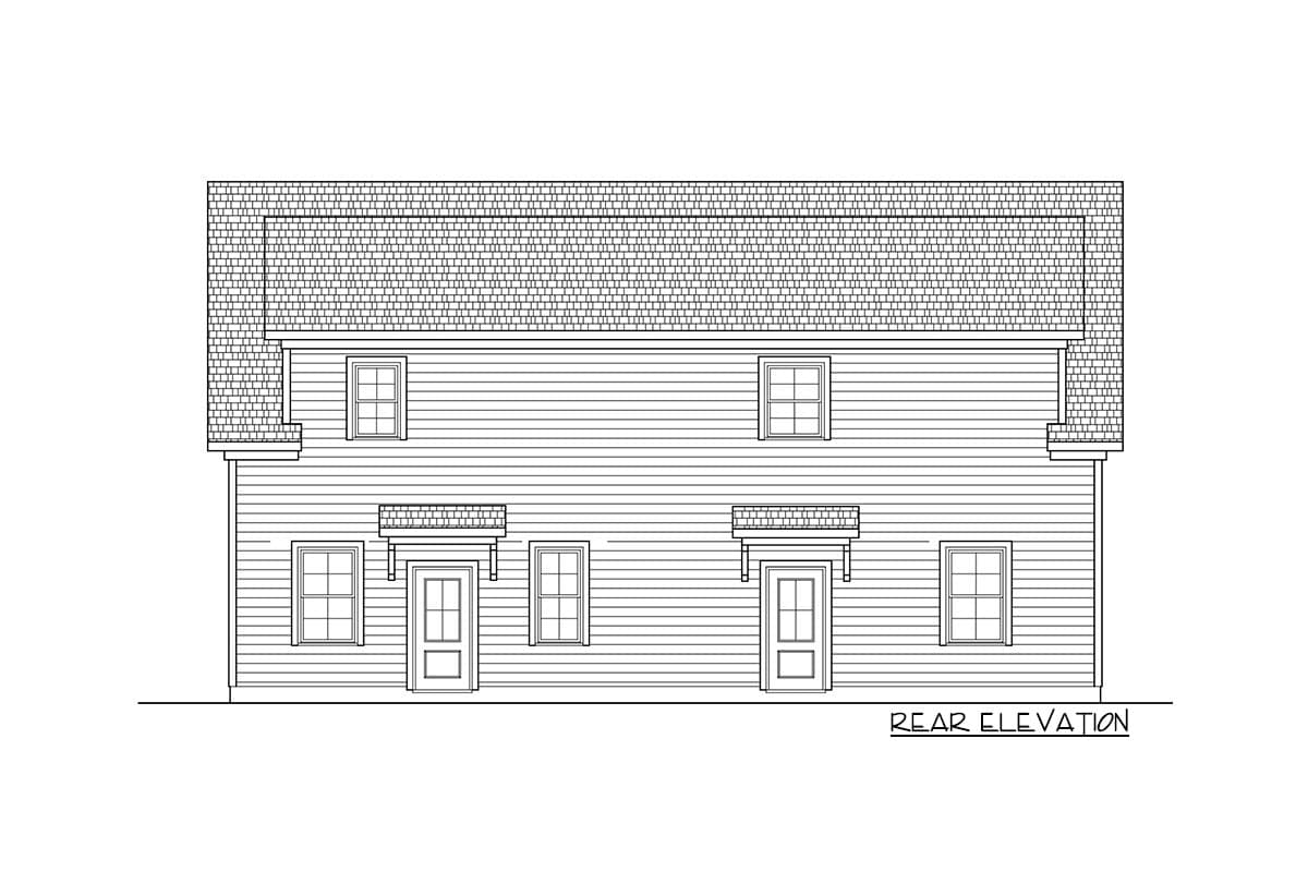Rear elevation drawing of a two-story house plan with two entrances, paired windows, and gabled dormers.