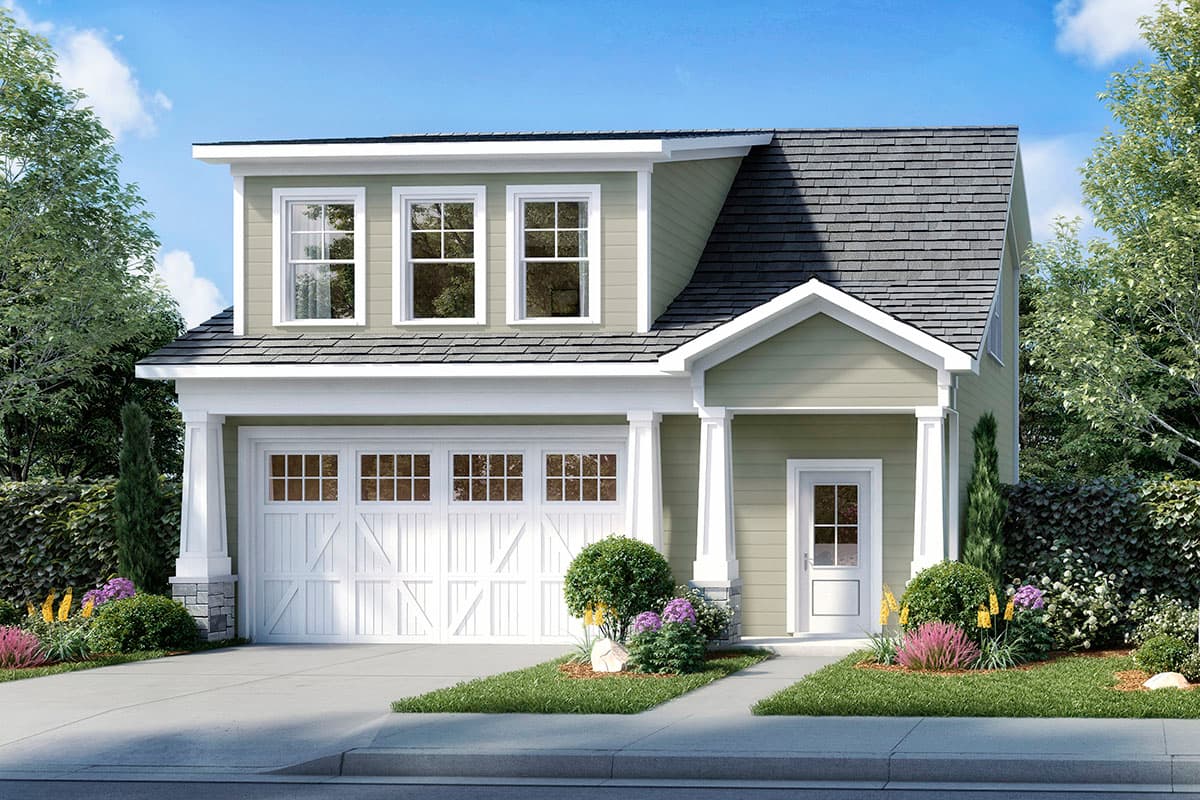 House plan exterior. Two-story home with a gabled roof, garage, and front porch. Features include three upper windows and a column-supported entry.