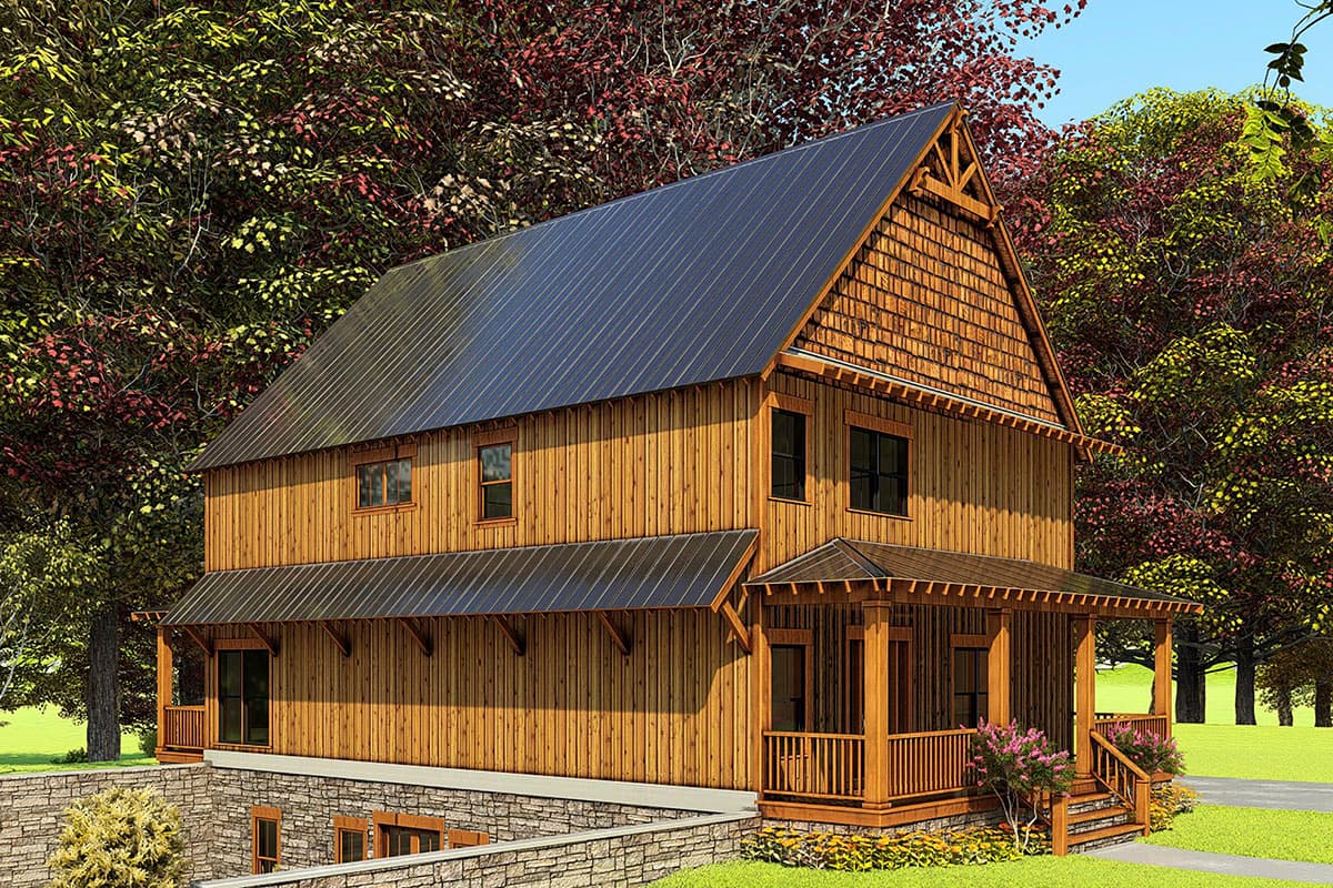 Modern Farmhouse house plan exterior with metal roof, wood siding, large gable, and covered porch.