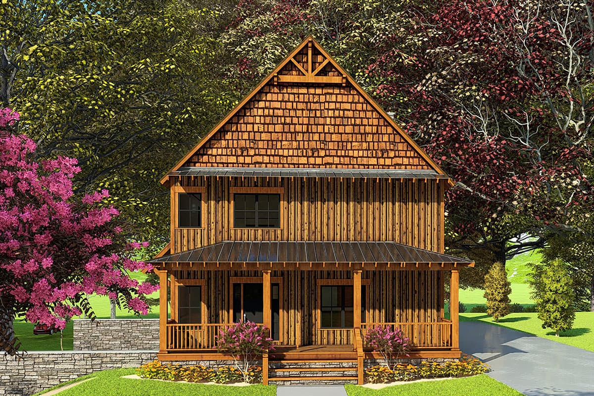 House plan exterior with two stories. Features include a gable roof, covered porch, and wood siding with a stone foundation.