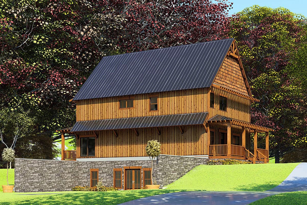 Two-story house plan with a metal roof, wood siding, stone foundation, and covered porch.