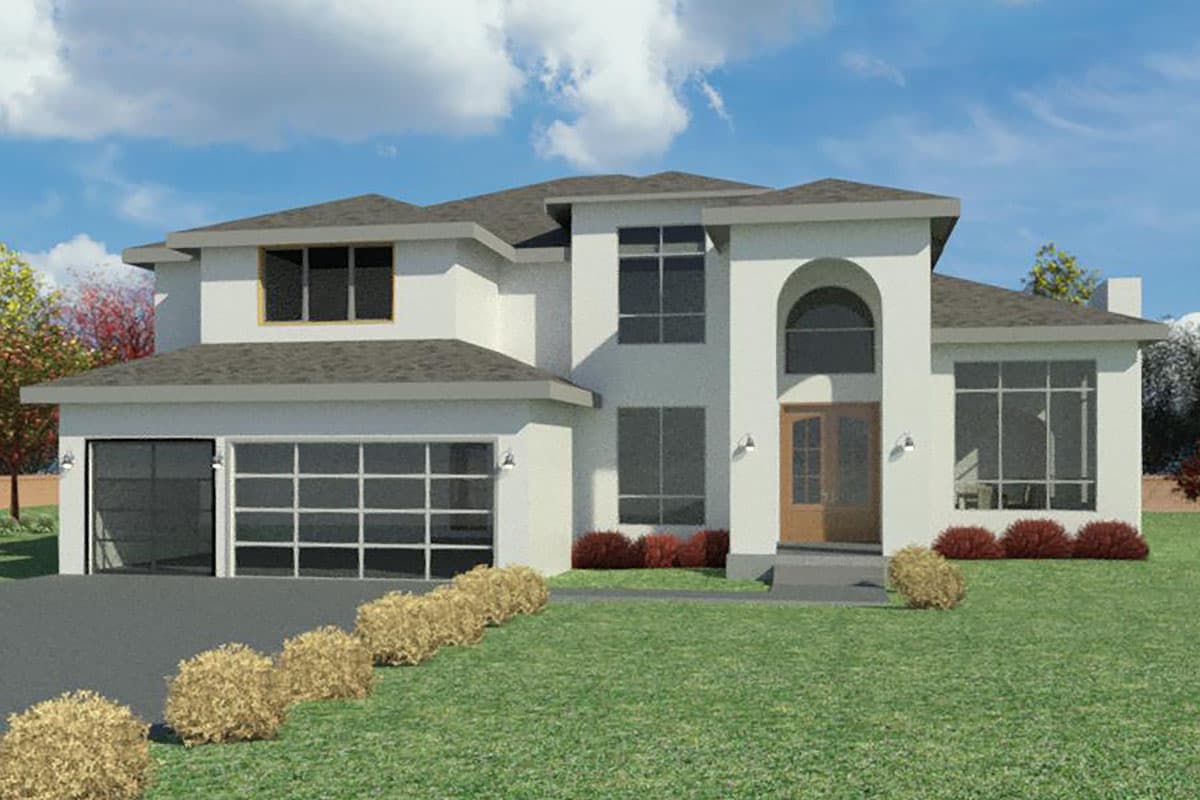 House plan exterior with stucco facade and hipped roof. Features include an arched entry, two-car garage, and large windows. Two stories.