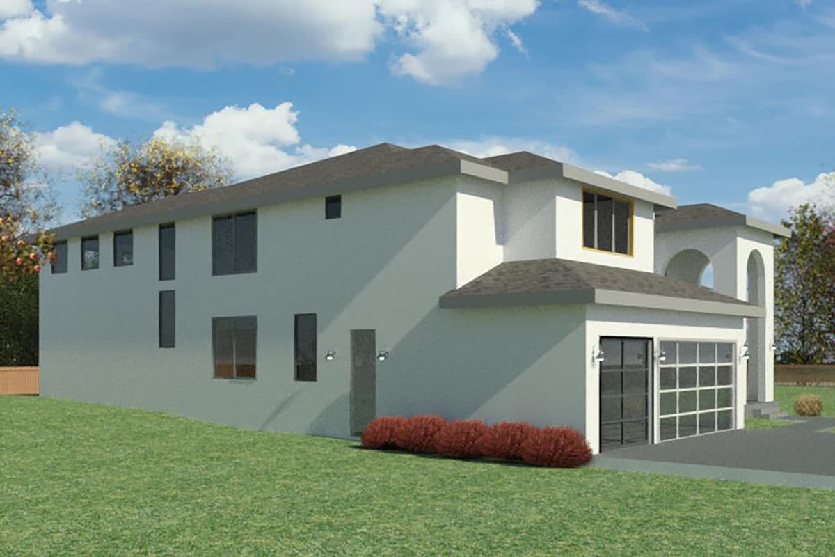 Two-story house plan exterior with a two-car garage, arched entrance detail, and multiple large windows.