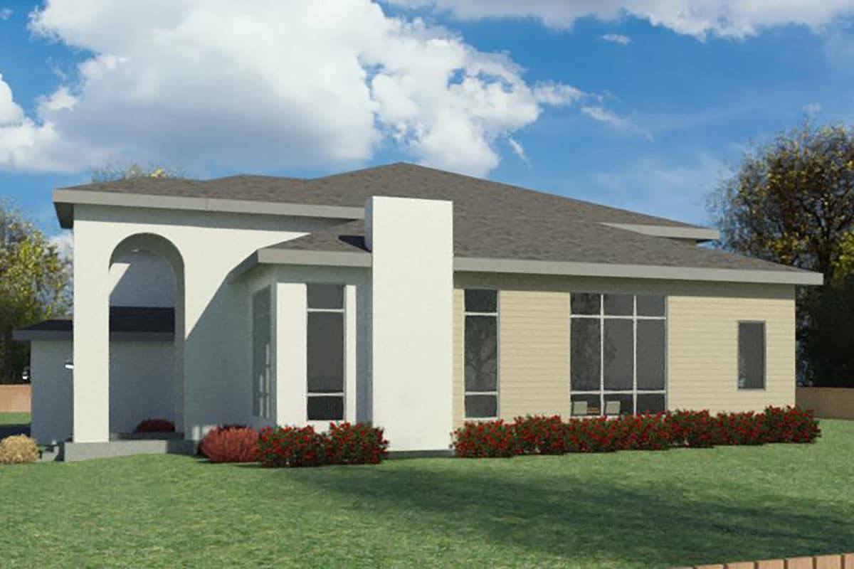 House plan exterior showing a single-story Modern style home with an arched entryway, large windows, and a prominent chimney.