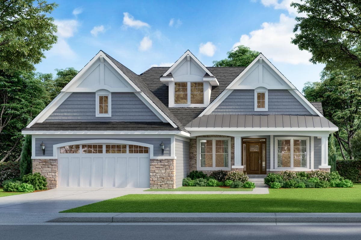 House plan exterior rendering. Craftsman style, single story, features gabled roof, dormers, and stone accents at the garage and entry.