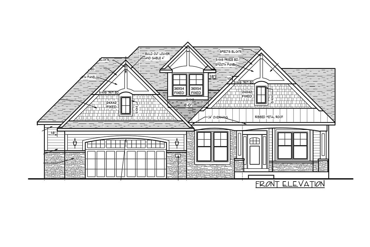 Front elevation house plan with stone base, arched garage door, gables, and dormers.