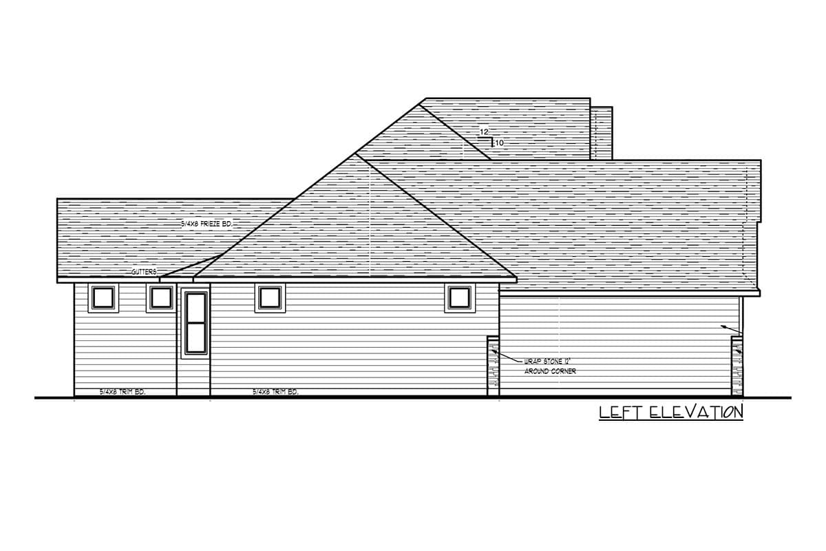 Left elevation house plan drawing showing multiple rooflines, gutters, and a section of wrap stone.