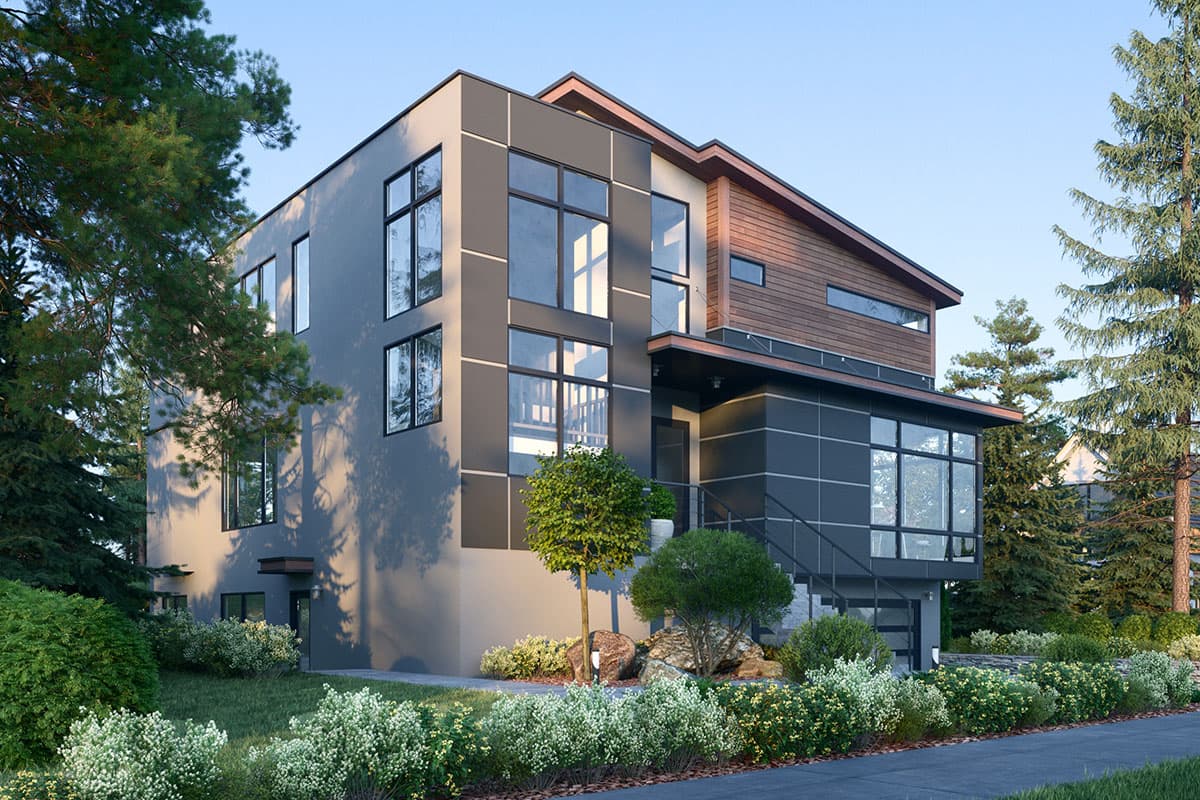 Modern house plan exterior with intersecting rooflines, large windows, and wood and dark paneling.