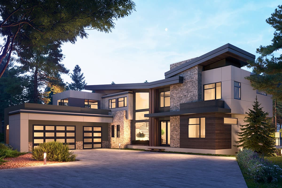 House plan exterior. Two-story Modern house with a stone and wood facade. Features include a flat roof, large windows, and an attached garage.