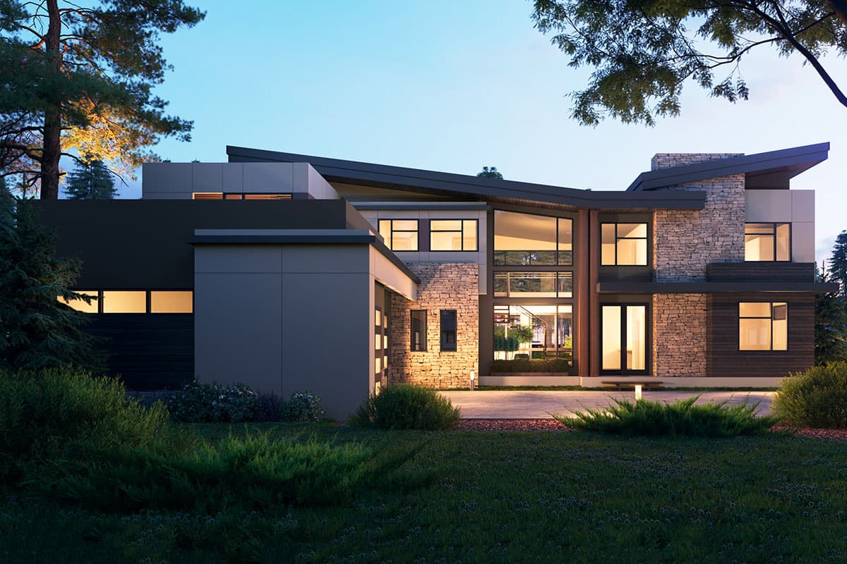 Modern house plan exterior with multiple stories, stacked stone, large glass windows, and cantilevered rooflines.