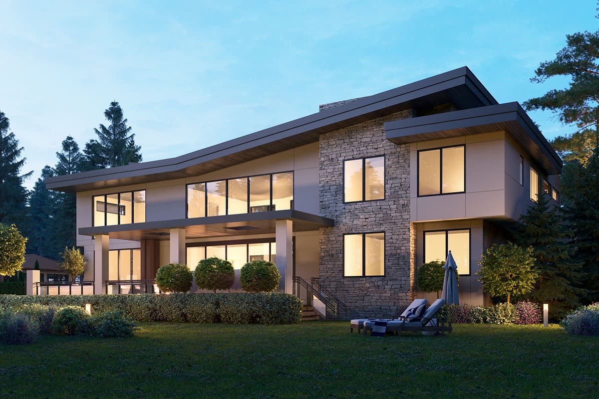 Modern two-story house plan exterior with stone facade, expansive windows, cantilevered sections, and flat roof.