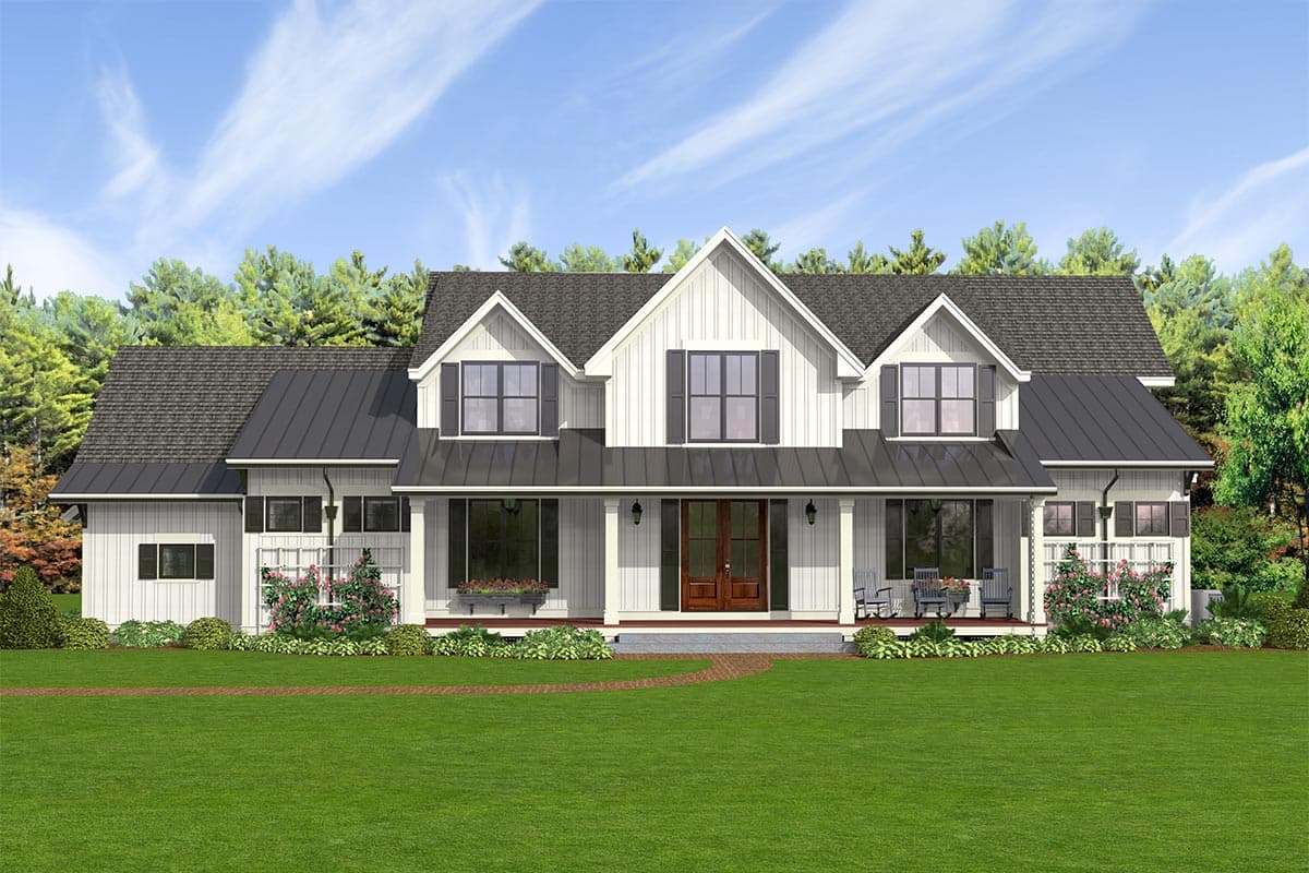 House plan exterior. Two-story Modern Farmhouse with gabled roof, covered porch, and dormers. Features dark metal roof and white siding.