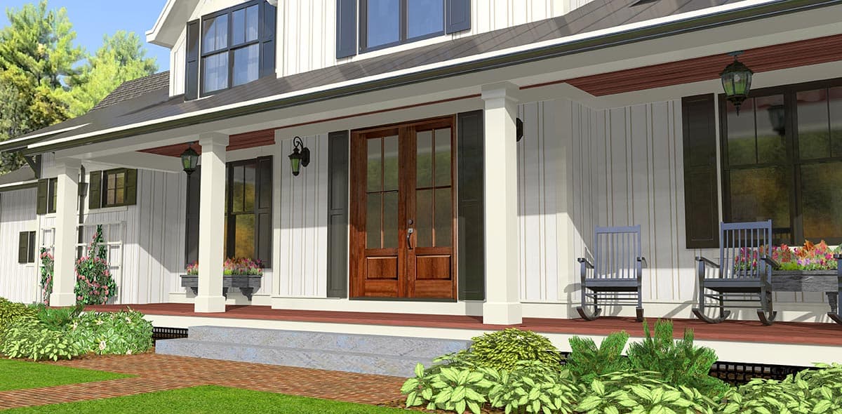 House plan exterior: Two-story Modern Farmhouse with a wraparound porch, double front doors, gables, and board-and-batten siding.