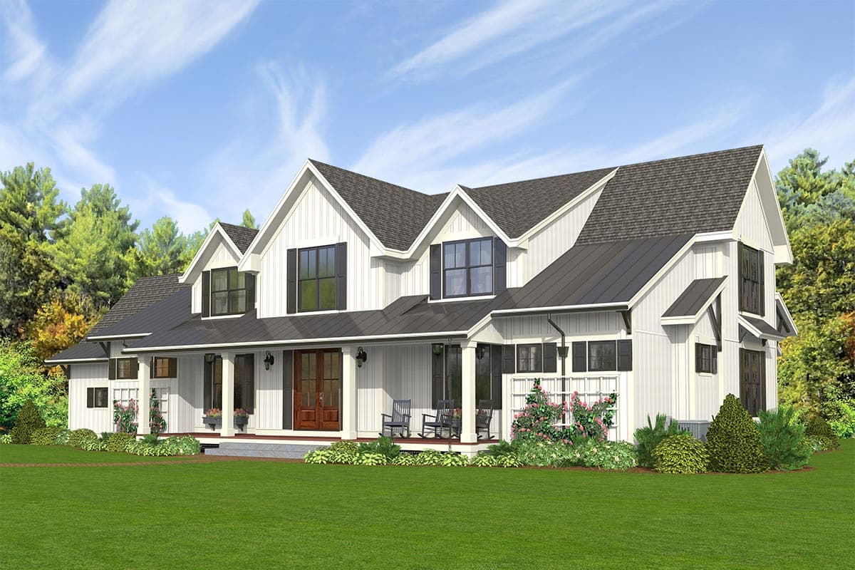 Modern Farmhouse house plan exterior with board and batten siding, a wraparound porch, and multiple gables.