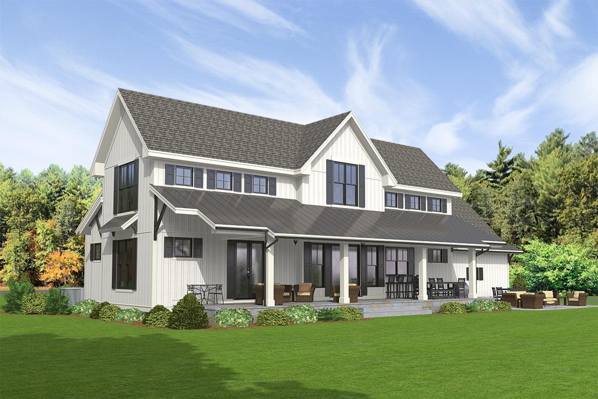 Modern Farmhouse house plan exterior, two stories, gabled roofs, metal roof, and covered porch with seating.
