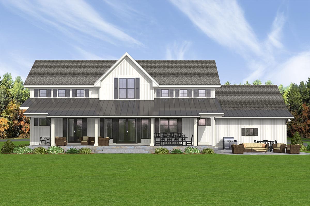 House plan exterior view of a two-story Modern Farmhouse with a covered porch, metal roof, and board and batten siding.