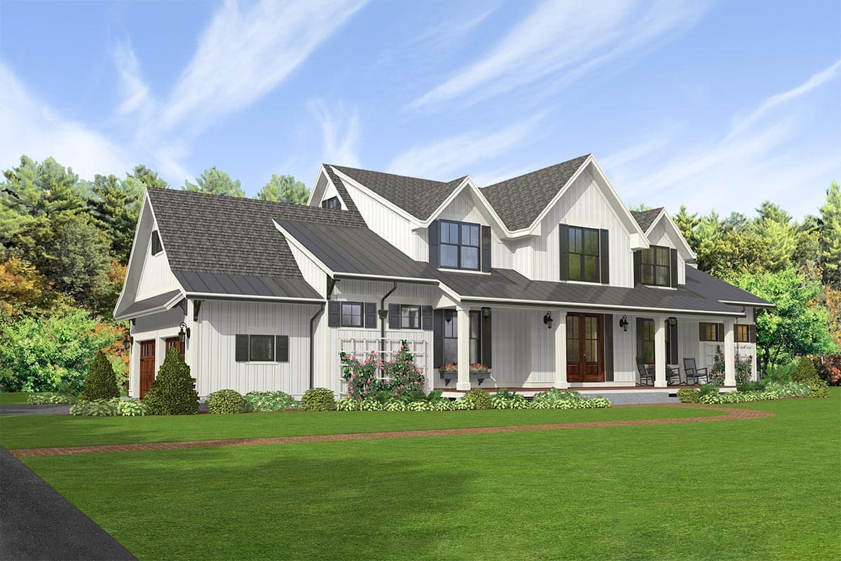 Modern Farmhouse house plan exterior with a wrap-around porch, gables, metal roof, and attached garage.